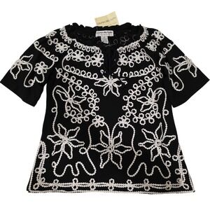 Lauren Michelle Black White Embroidered Tunic Top Blouse Women's Size M
